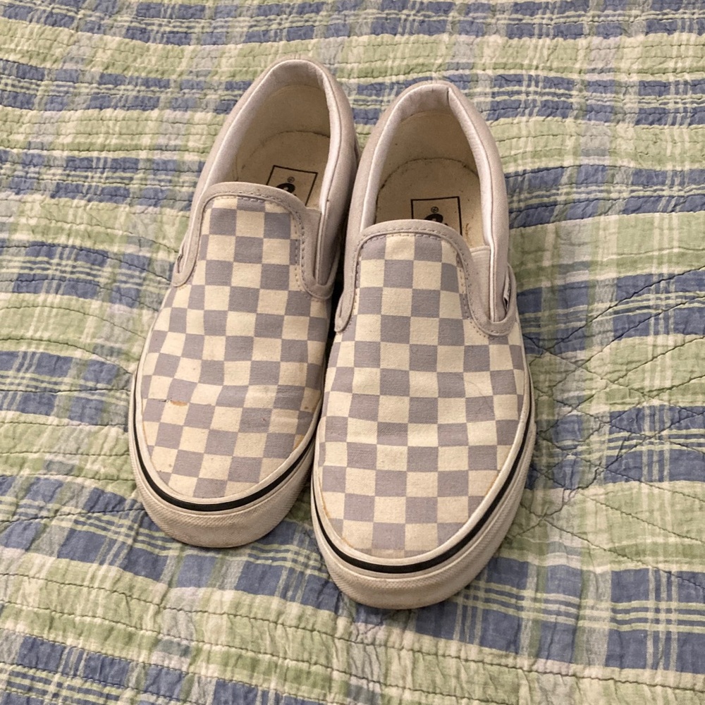 Vans Classic White and Blue Checkered Slip-Ons